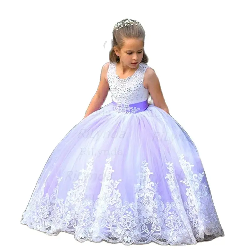 

Lace Flower Girl Dresses Pageant With Blush Pink Applique Sheer Neck Sweep Train Teens Birthday Party Communion Gowns