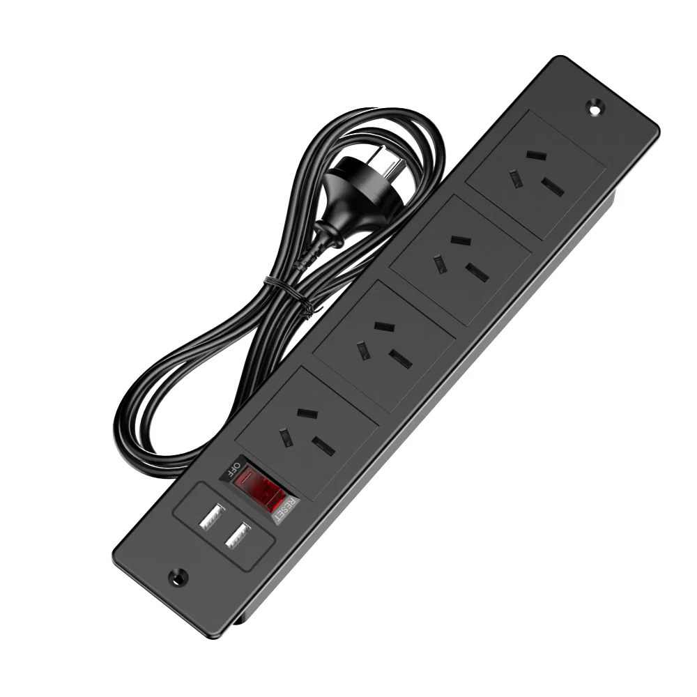 Recessed Embedded Power Strip 4 AC Outlets 2 USB‑A(5V 2.1A) with Switch 1.5M Extension Cord for Cabinet Desktop Use