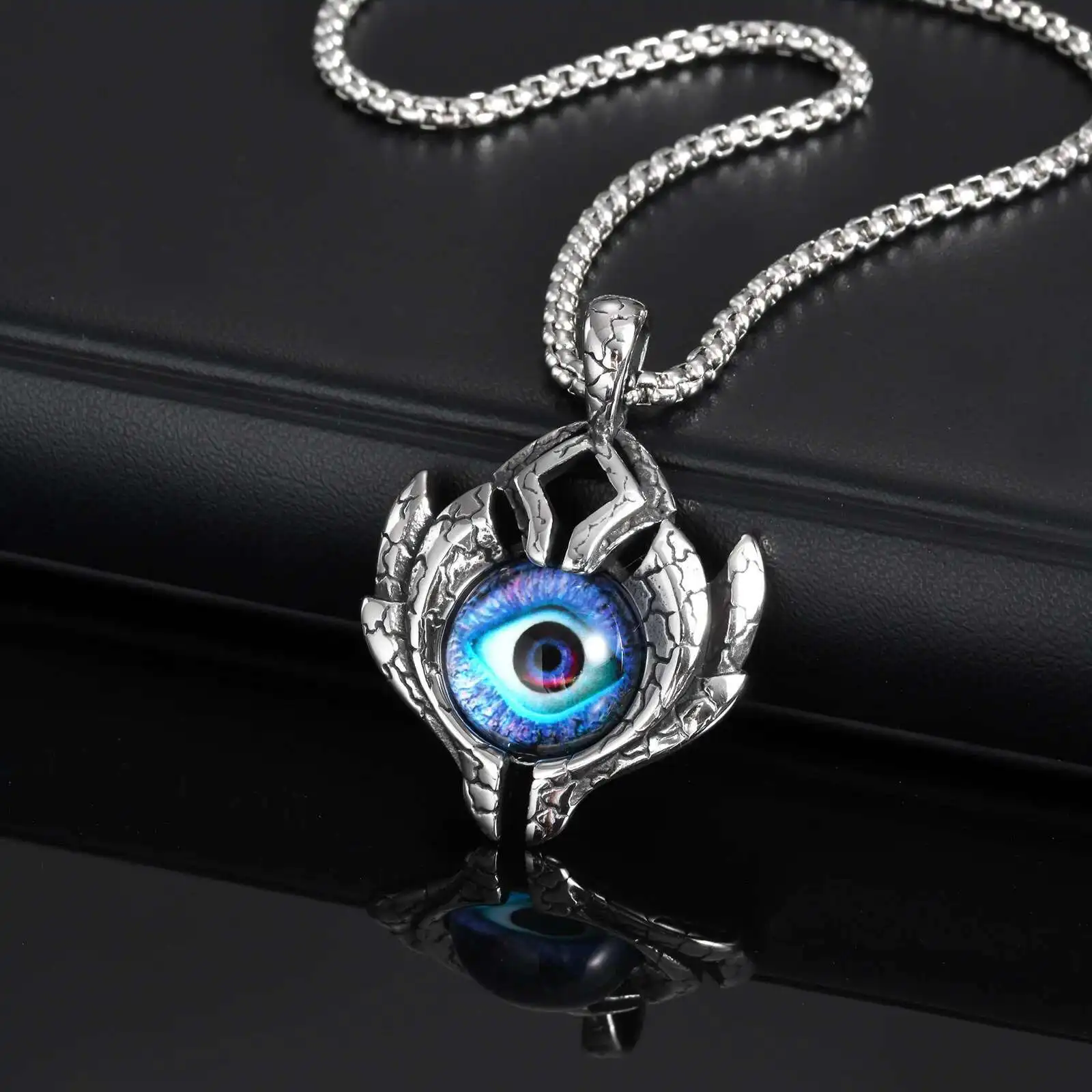 

Prjewel Big Evil Pendant Necklace Chunky Stainless Steel Badge with Turkish Eye Pendant Punk Men Accessory Father's Day Gift New