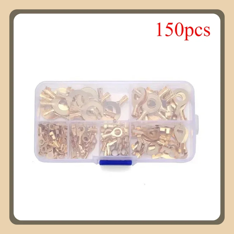 150pcs Boxed Terminal Block Wire Connector M3/M4/M5/M6/M8/M10 O-type Ground Lugs Terminal Cold-Pressed Copper Tab Wiring Nose