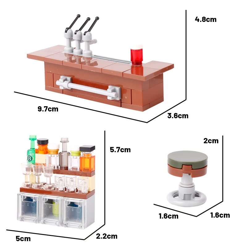 MOC City Bar Counter Building Blocks Kit Liquor Beer Wine Cabinet Hotel Pizza Oven Kitchen Stove Garbage Can Bricks Toys