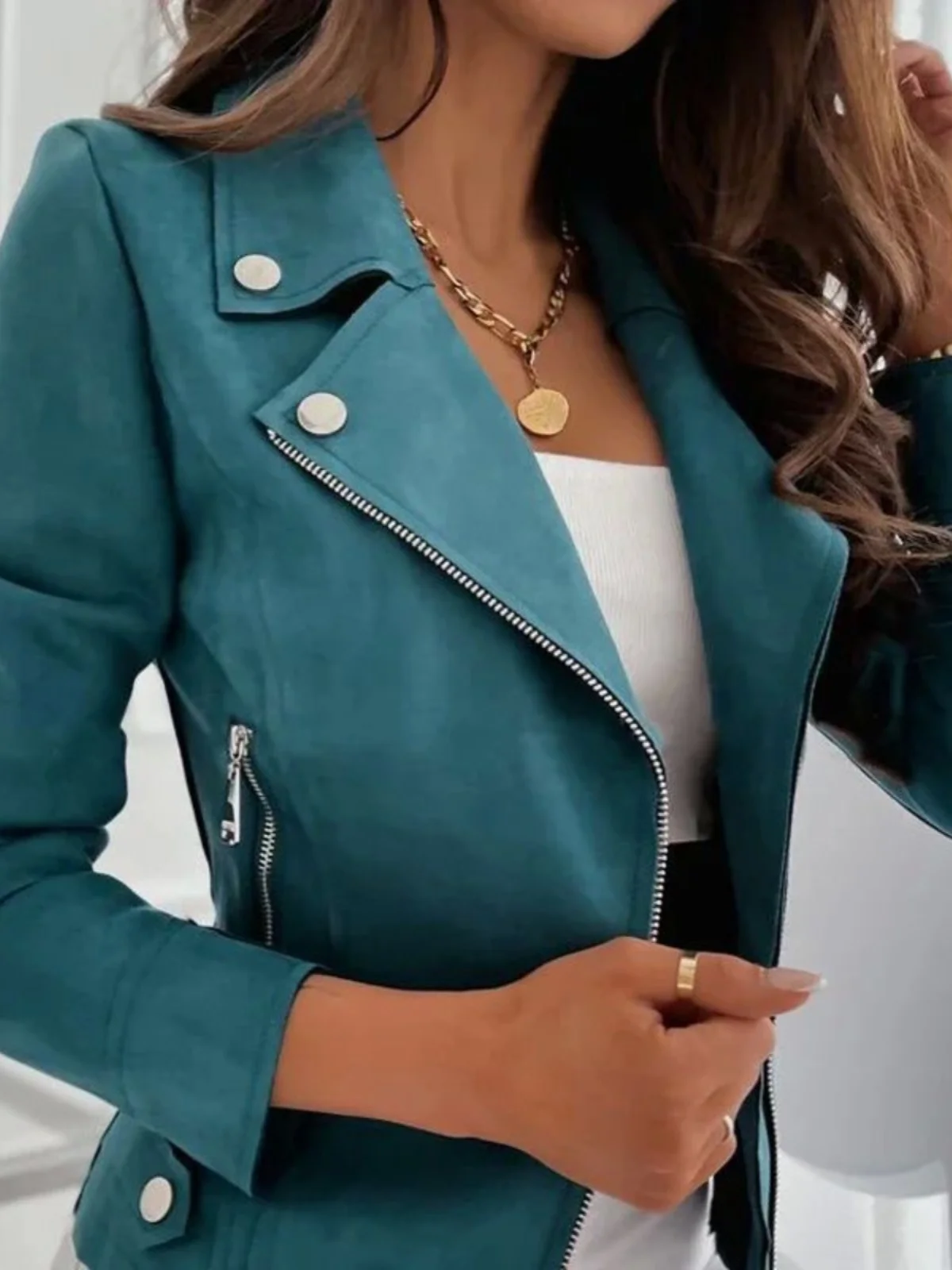 

Slim Fit Long Sve Color Jaet Women's Street Sle Outerwear Pure Color Coat Zipper Closure Regular Length