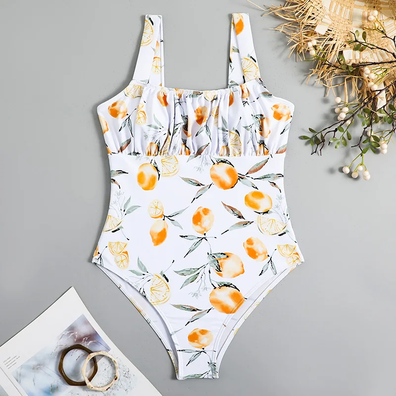 sexy fruit print pleated swimsuit one piece bikinis Swimwear high waist bathing suit beach outfits bodysuit biquini tankini