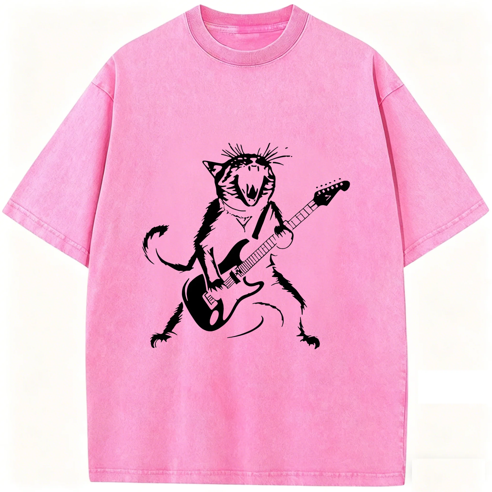 cat playing guitar at a rock concert, a fun guitar cat playing electric guitar, comfortable loose-fitting T-shirt