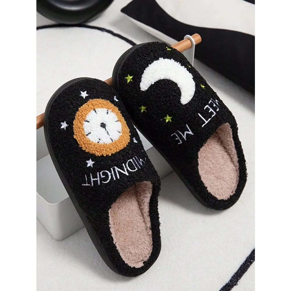 Women's Fashionable Moon Clock Slippers Comfortable Anti-Slip Indoor Home Fleece Slippers for Daily Use Winter Warmth