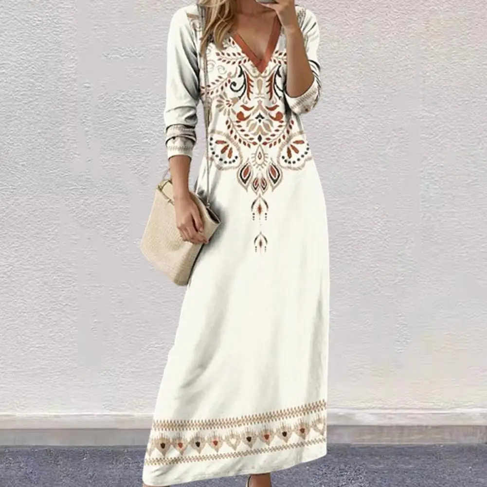 

Ethnic Style Women Dress Bohemian V Neck Maxi Dress with Ethnic Print Long Sleeves for Women Soft Breathable A-line Pullover
