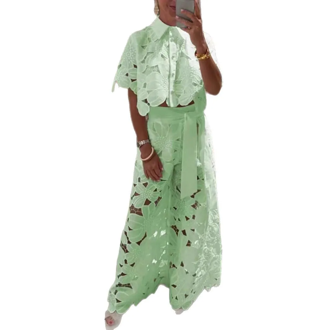 봄 여름 여성용 롱 팬츠 세트, 우아한 라펠 반팔 탑과 타이업 섹시 홀터넥 와이드 레그 롱 팬츠 세트