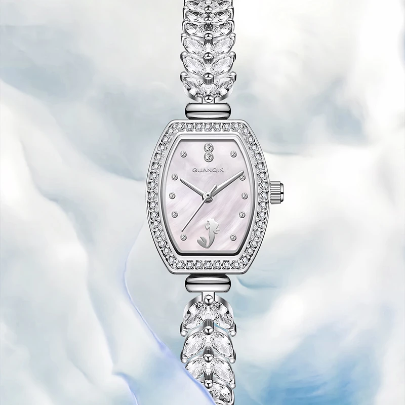 GUANQIN Luxury Quartz Watch for Women Mermaid Collection Mother-of-Pearl Dial Stainless Steel Case 30M Waterproof Lady Watches