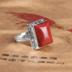 Ethnic Style Geometric Square Rings for Women Neutral Style 925 Silver Vintage Fashion South Red Tourmaline Ring Banquet Jewelry