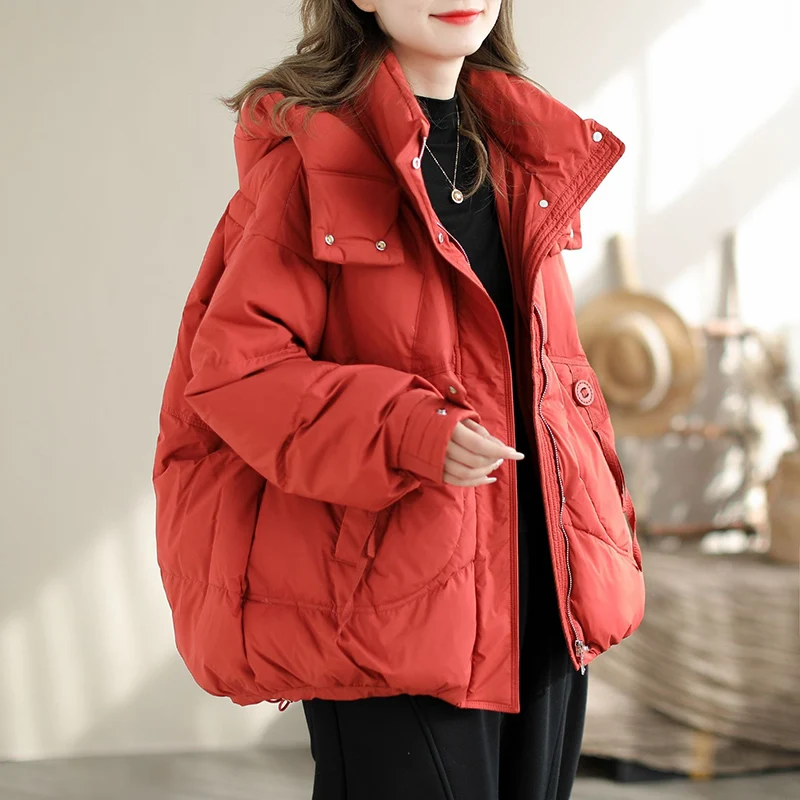 Schinteon ผู้หญิงลงเสื้อลําลองหลวมกว่าขนาดฤดูใบไม้ร่วงฤดูหนาว Outwear กับกระโปรงเป็ดสีขาวลงเสื้อสั้น 2024 ใหม่