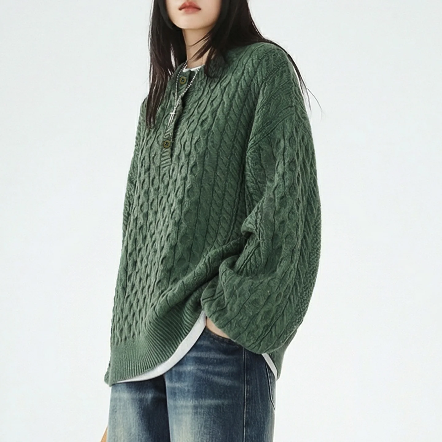 Maden Women's Retro Green Cable Knit Sweater Thick Pullover Henry Round Neck Loose Fit Warm Knitwear for Autumn Winter