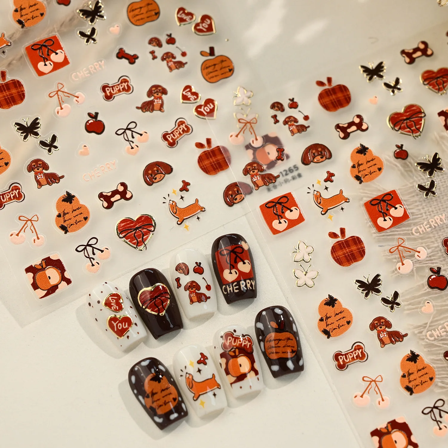 

Lovely Brown Dog Puppy Butterfly Bone Paw Cherry Apple Fruit Love Heart Leopard Print Adhesive Nail Art Stickers Manicure Decals