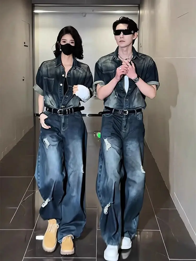 

American Retro Waed Hole ort Sve Denim irt Set for Men Summer High End Cool Haome Whole Set Faionable Youth