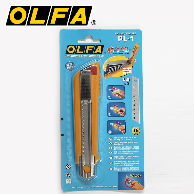 OLFA PL-1 Multi-blade Heavy Duty Cutter Pro-Load Utility Knife Large Auto-lock 18mm Art Knives with 3 Spare Blades Cutting Tools