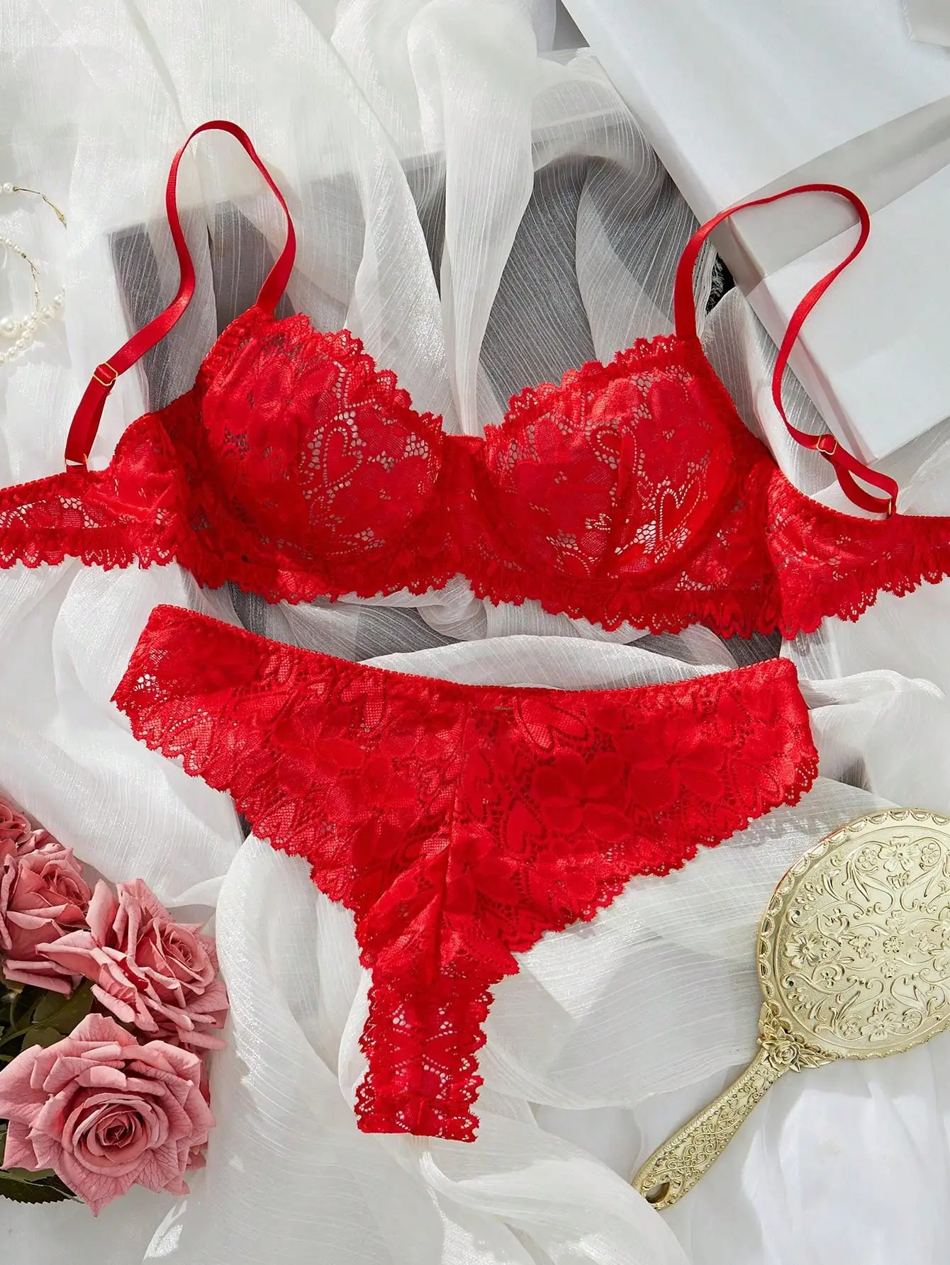 Red Floral Lace Trim Bra and Panty Set for Special Occasions