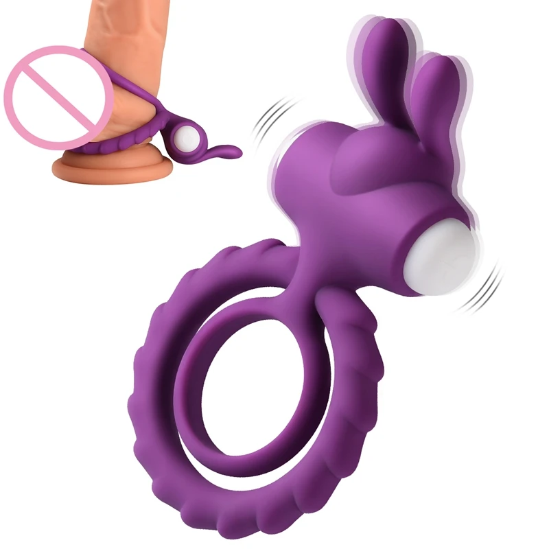 Penis Ring Delay Ejaculation Erection Durable Cock Rings Enhance Dual Vibrating Sex Toy for Men Couples Vibrator with Rabbit Ear