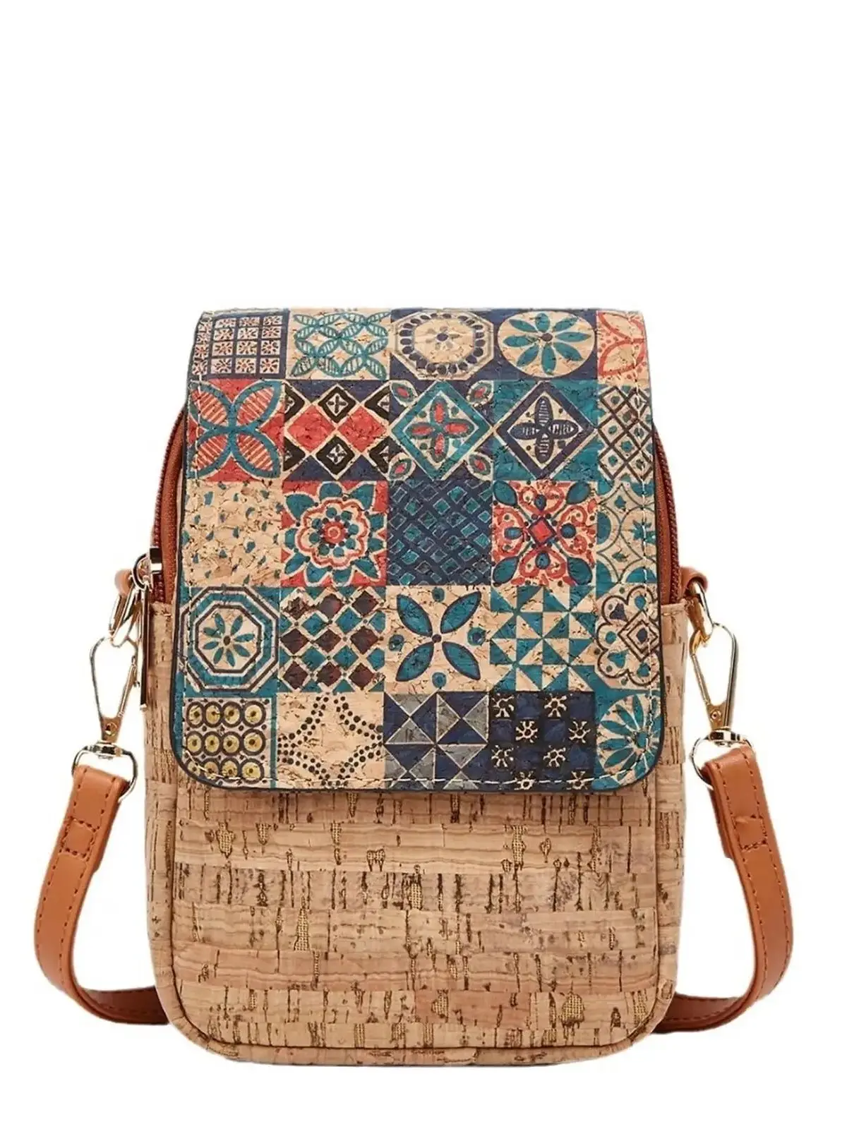 [Retro-Boho] Handytasche mit Blumenmuster und Rindenmuster, Damen-Umhängetasche mit Magnetverschluss, Mini-Quadrattasche im Ethno-Stil, tragbare Brusttasche, Schultertasche. – Detail 1