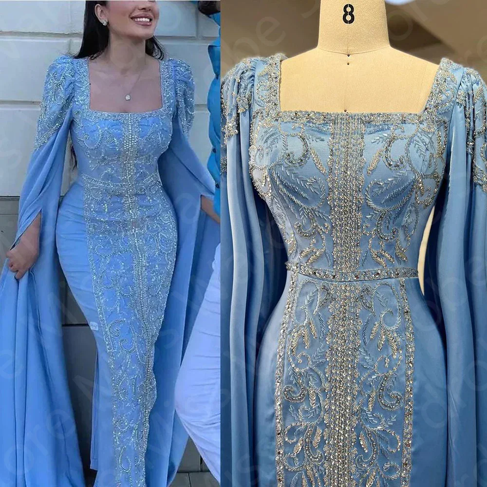 Vintage Sky Blue Evening Dresses with Cape Sleeves Prom Party Gowns 2024 Square Neck Sparkling Wedding Guest Gowns Glitter