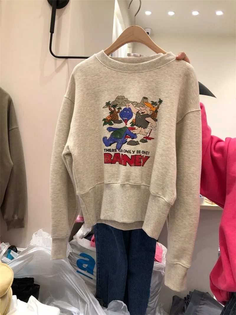 

Fashionable Short Thin Women's Sweatshirt Spring Autumn Cartoon Shoulder Drop Style Korean Loose Fit Cotton Polyester Blend