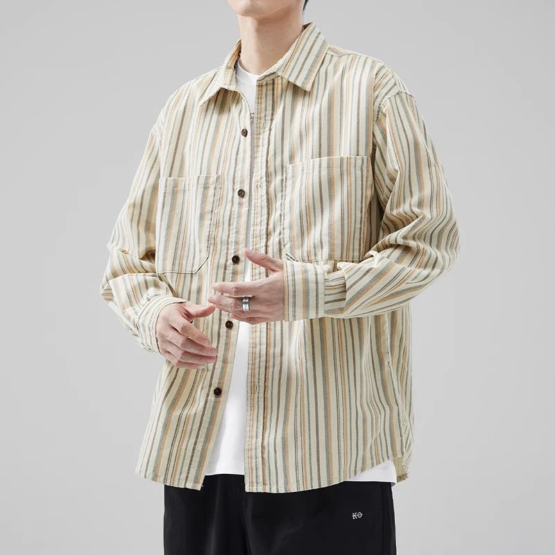 Trend In-strip Southern Men Long-sleeved Vintage Casual Corduroy Shirt Loose Spring Autumn OutersBL1499