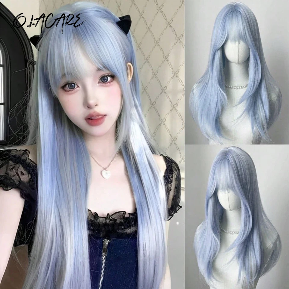 

OLACARE Synthetic Long Straight Lolita Wig with Bangs Wig Girl Cute Ombre Blue Blonde Black Cosplay Party Halloween Harajuku Wig