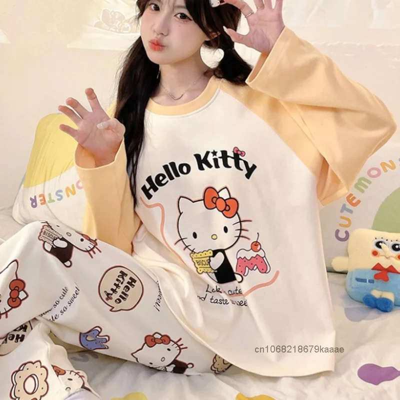 Sanrio ชุดนอนคอกลมลายเฮลโลคิตตี้น่ารัก, ชุดนอนเด็กผู้หญิง Y2k หวาน pakaian rumahan ลำลองใหม่ชุดนอนลำลองสไตล์ฮาราจูกุ