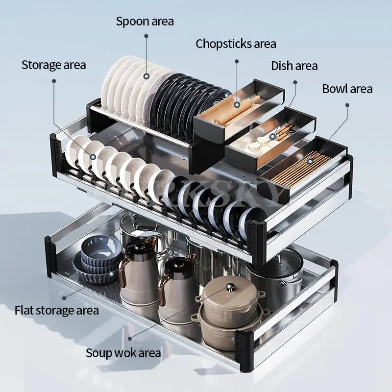 Drawer-Type House Dish Rack, Kitchen Cabinet, Double-Layer, Pull-out, Blue Storage, Drawer Basket, Dishes Storage