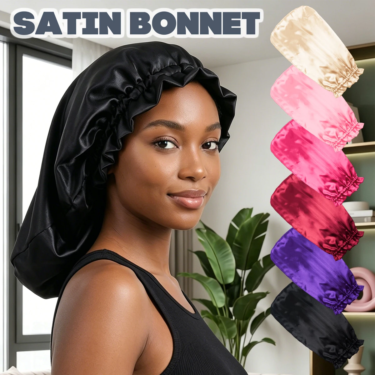 Ladies Satin Sleep Cap for Long Hair with Elastic Headband Nighttime Hair Protection for Braids Hard Pull Styles And Curly Hair