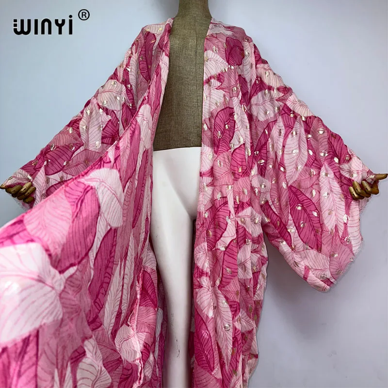 WINYI Summer gild print cotton feeling Women Cardigan Loose Long Dress Party Boho Maxi Holiday Sexy Beach Wear Swim Suit Covers