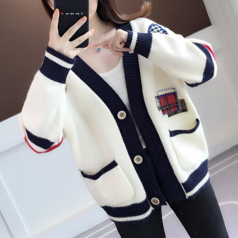 Kawaii Plaid Patchwork Pockets Single Breasted Knitted Cardigan Coat for Women V Neck Loose Long Sleeve Sweater Outewear Jackets