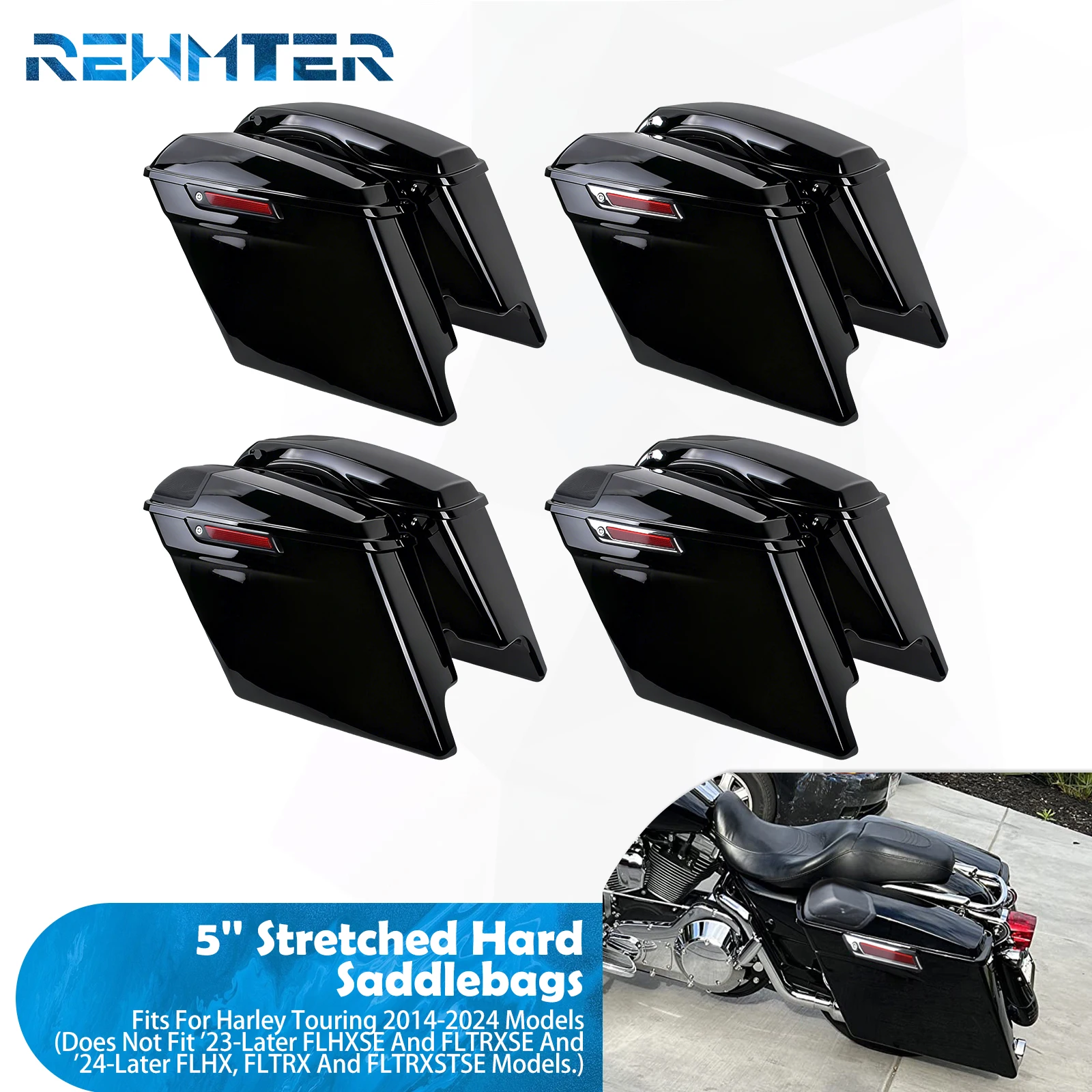 

Motorcycle 5" Stretched Saddlebags With Lids Grills Trunk Hard Luggage Bags For Harley Touring Road King Electra Glide 2014-2024
