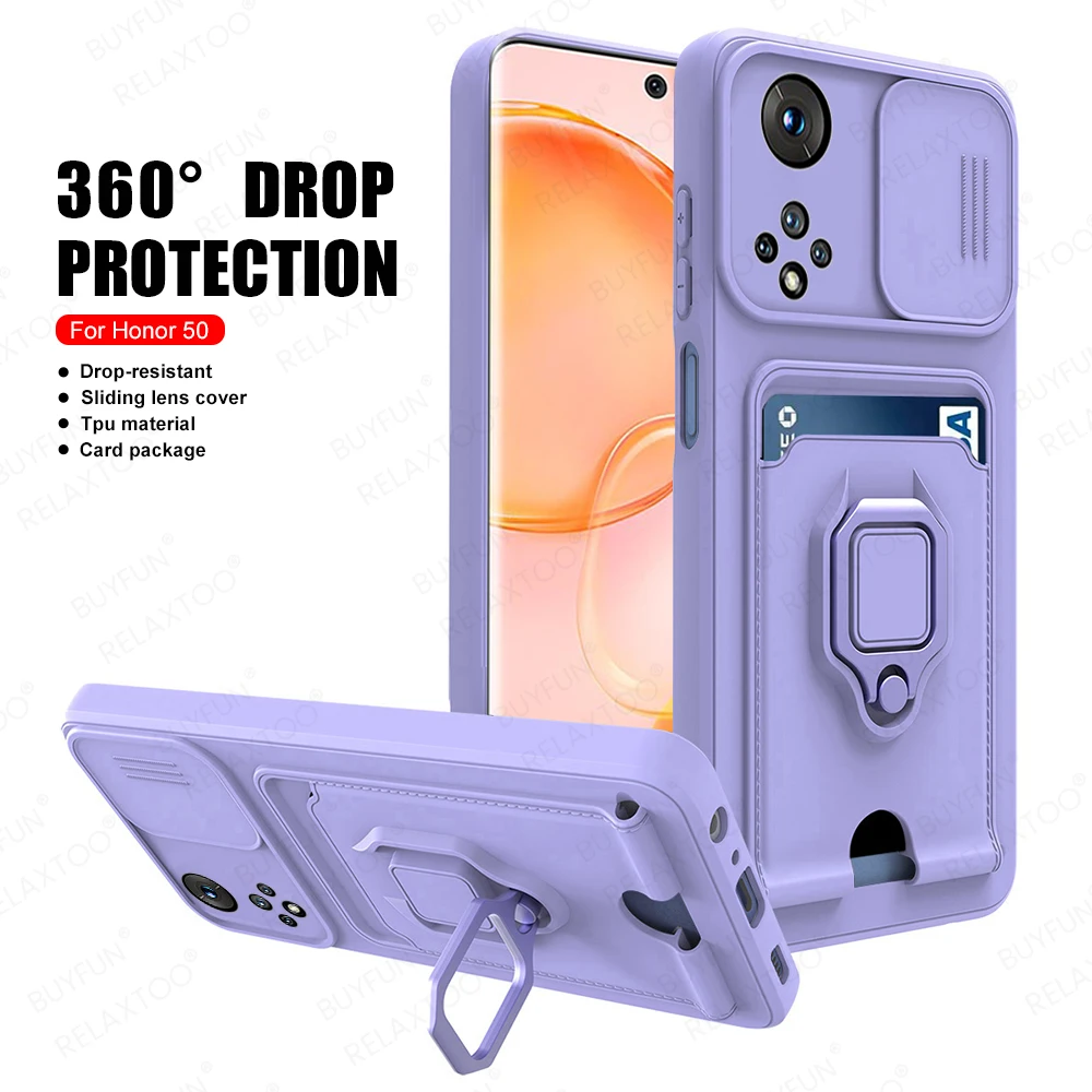 Slide Camera Lens Protection Case For Honor 50 6.57inch Card Slot Stand Holder Magnetic Cover For Huawei Honor Honer Honar 50