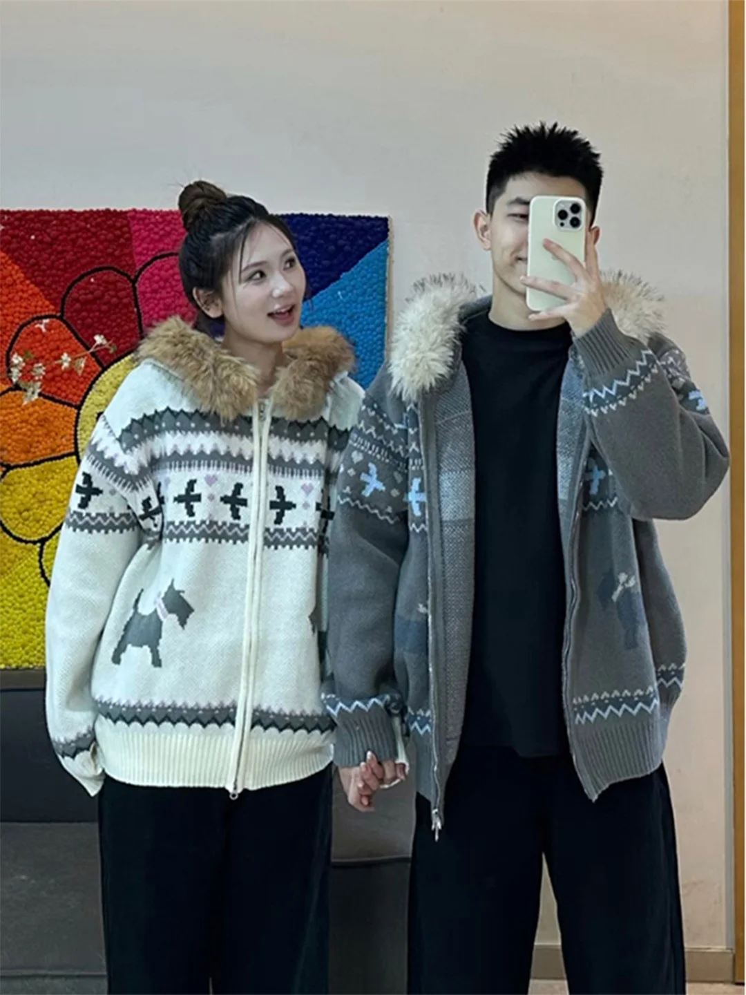 

Men's Thiened Hooded Knitted Cardigan Winter Warm Coat with Large Fur Collar Faionable Casual Sle Zipper Closure Long S...