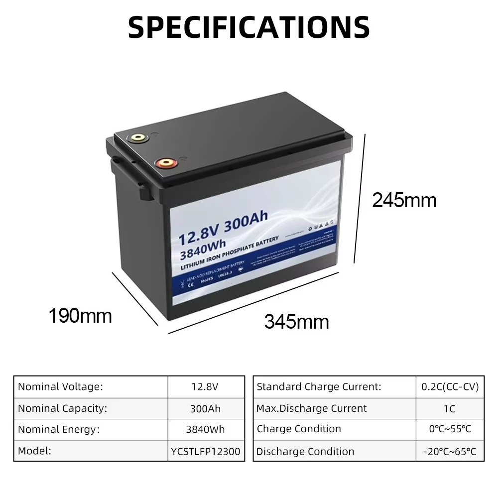 حزمة بطارية LiFePO4 RV كبيرة 12 فولت 300 أمبير في الساعة 3.8 كيلووات في الساعة و 6000+ دورات للمعيشة بالطاقة الشمسية والمعيشة خارج الشبكة في المعسكر والمركبات الترفيهية