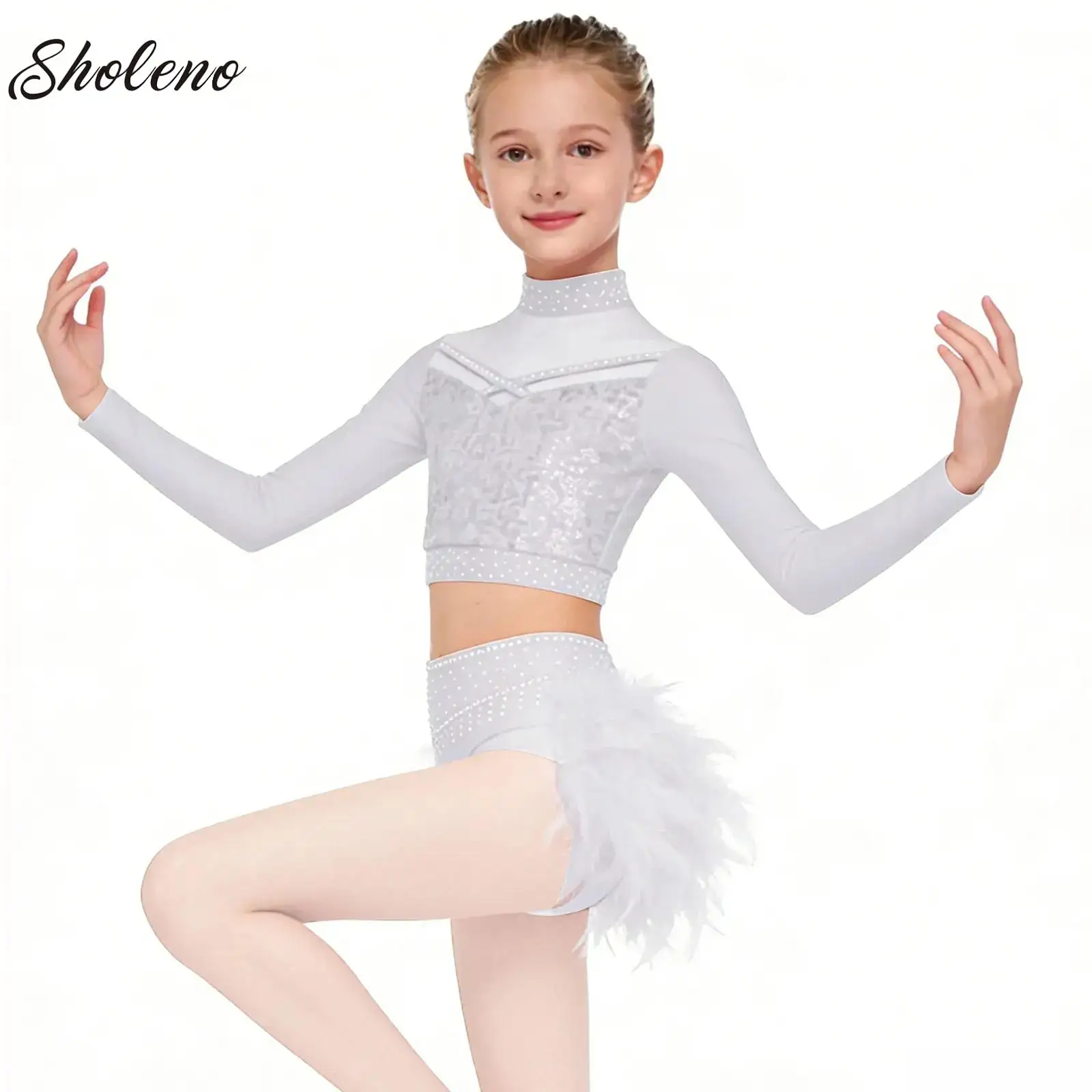 

Kids Girls Feather Jazz Tap Dance Outfit Glittery Sequins Crop Top with Bottoms Culottes Latin Modern Dance Performance Costumes