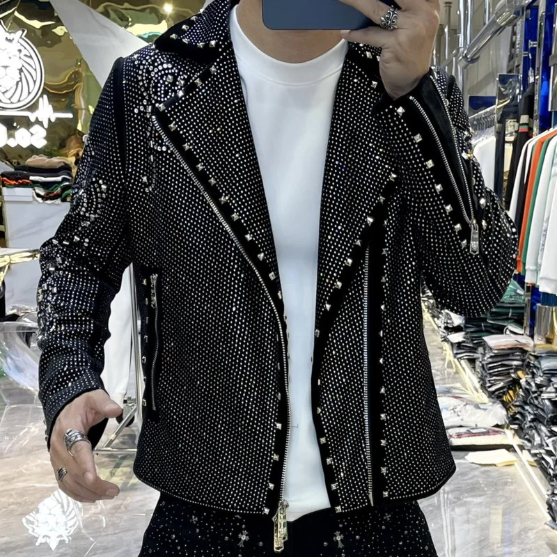 2023European Station Autumn Fashion Men\'s Motorcycle Jacket Men\'s Fashion Trend Stars Hot Drilling Men\'s Jacket Top Men