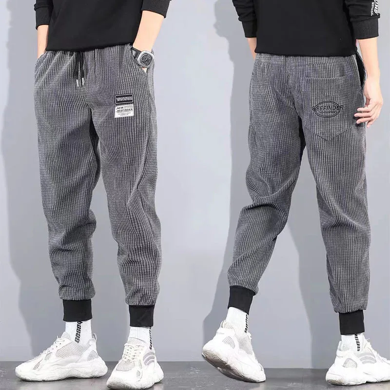 

Spring Autumn Corduroy Pants Men's Casual Long Thin Nine Points Cuffed Sports Trousers Autumn Winter Low Waist Slightly Elastic