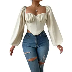 Autumn and Winter New Women Sexy Square Collar Top Bubble Sleeve Shirt Shirt