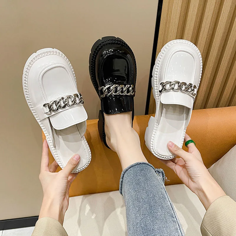 House Slippers Platform Female Shoes Square Heel Slides Fashion Loafers Med Cover Toe Women Heels 2024 Block Luxury High Slides