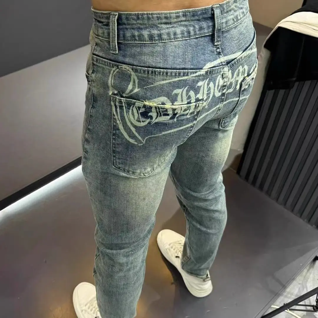 

Одежда 2000-х годов, джинсы, мужские весенне-осенние облегающие дизайнерские брюки, высококачественные модные универсальные мужские брюки с принтом, одежда, брюки