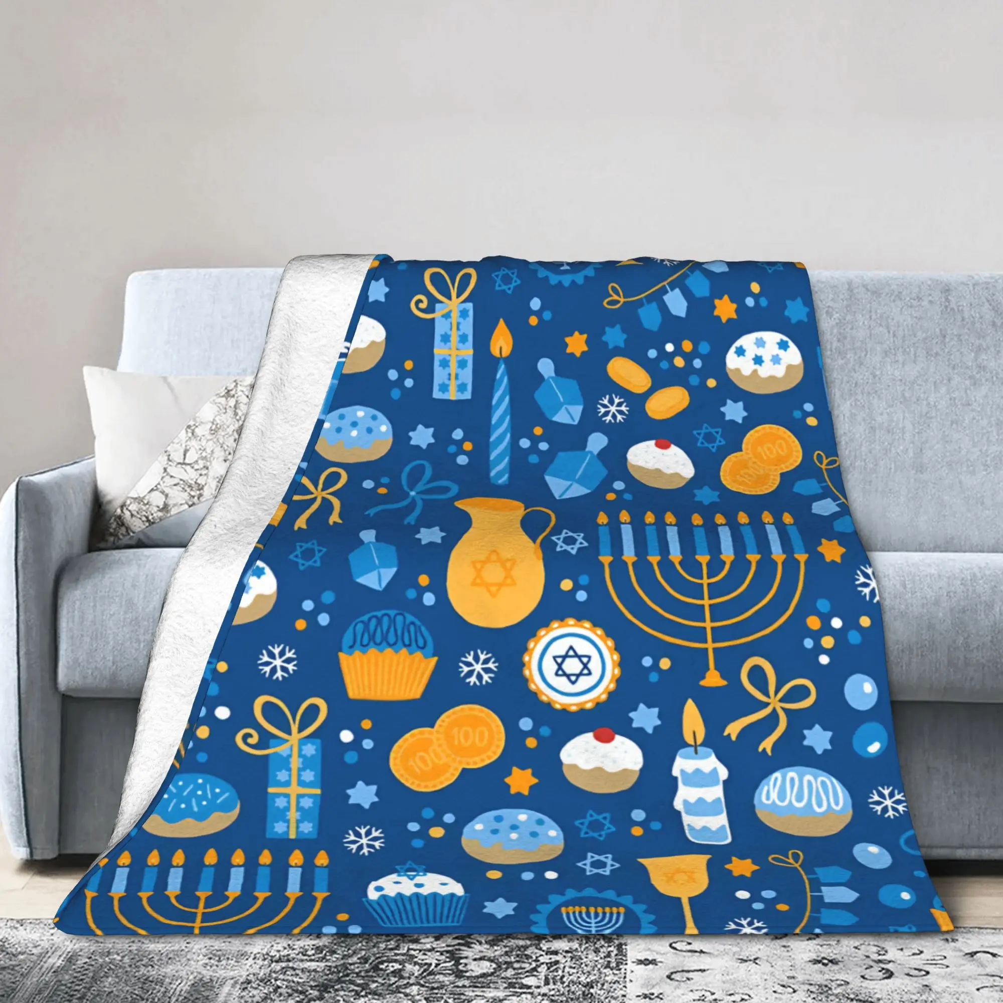 Happy Hanukkah Blankets Velvet Decoration Menorah Candle Christmas  Multifunction Soft Throw Blankets for Home Office Rug Piece