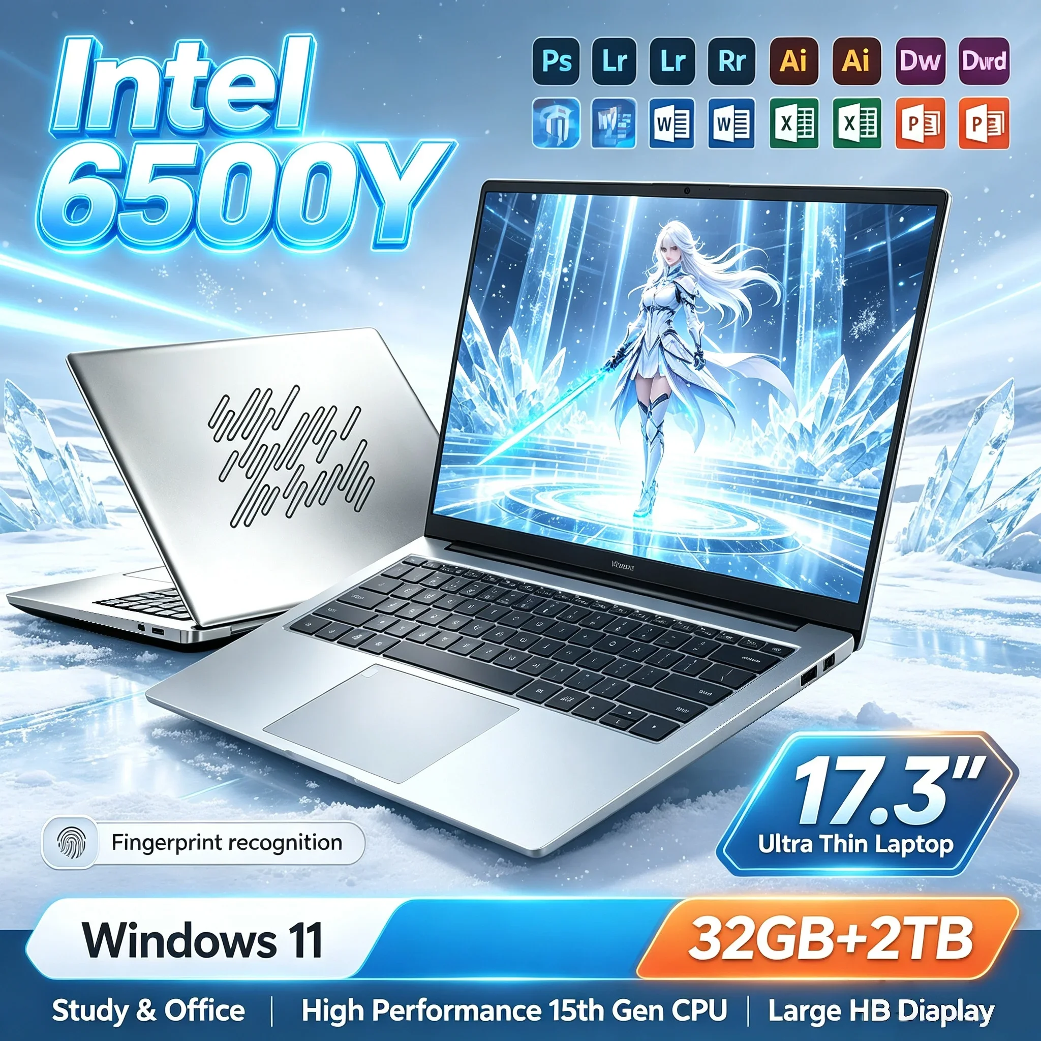New 17.3 Inch Notebook PC Intel 6500Y 32GB RAM 2TB SSD Windows11 WiFi6 Bluetooth5.2 Big Screen Portable Laptop For Work & Study