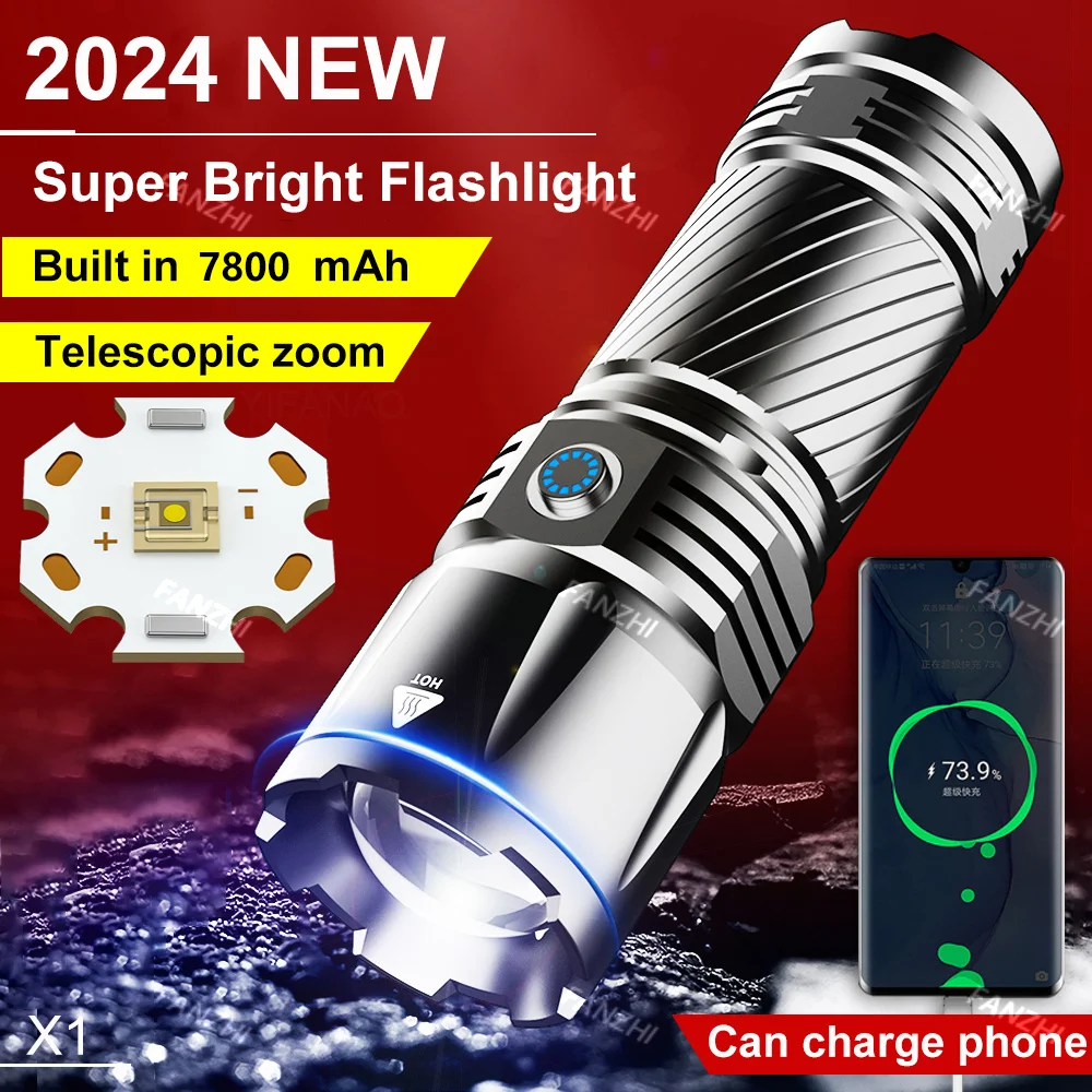 8000M Long Shot Spotlight Flashlight Built in 10000mAH Powerful Rechargeable Tactical Flashlight Zoomable Waterproof for Camping