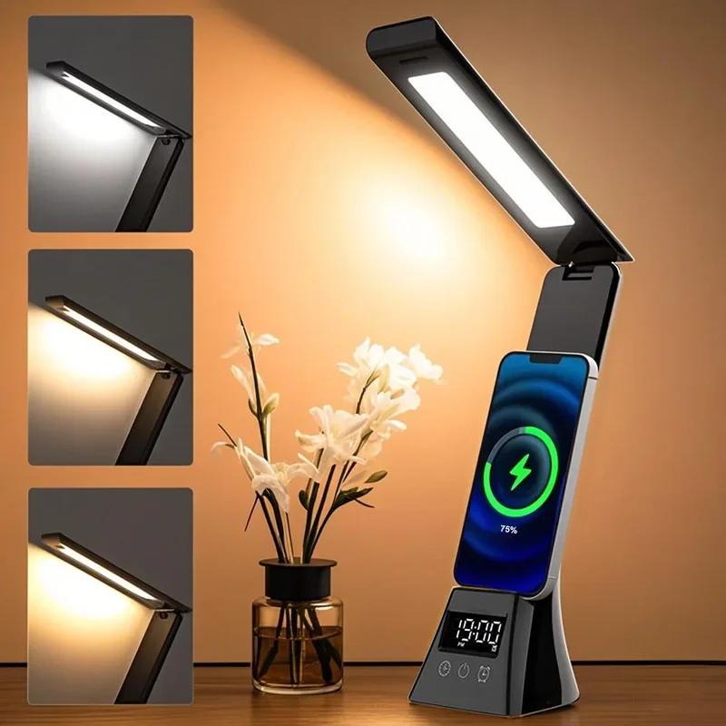 

LED Desk Lamp with Wireless Charger USB Powered Dimmable Table Lamp with Clock Alarm Desk Lamps for Home Office Bedroom Bedside