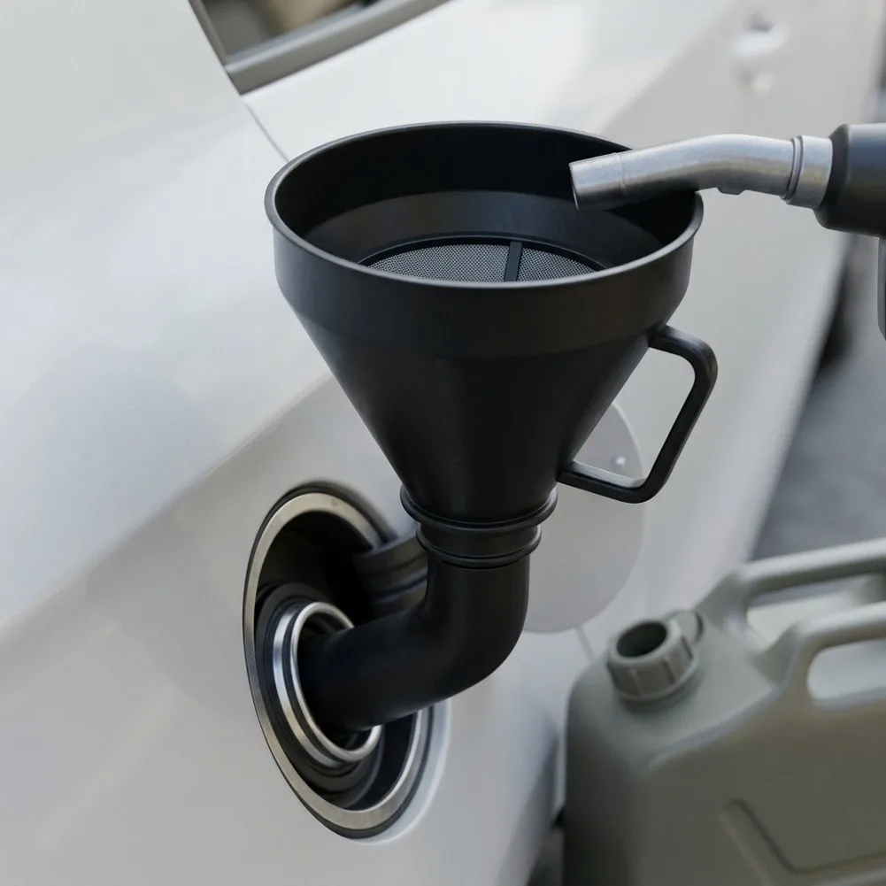 Angled Spout Oil Funnel 130mm With Mesh Screen For Car Motorcycle Truck SUV Safe Fluid Transfer No For Splash Black Plastic Kit