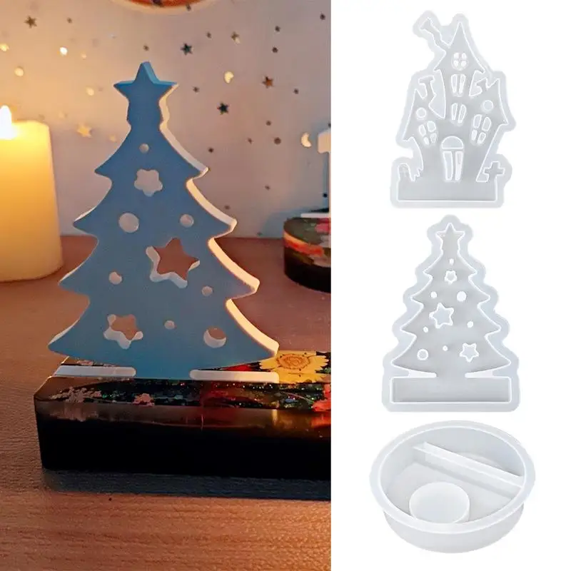 Christmas Tree Tea Lamp Holder Resin Molds Christmas Tree Castle Shaped Decoration Ornament Mold Candy Chocolate Silicone Mold