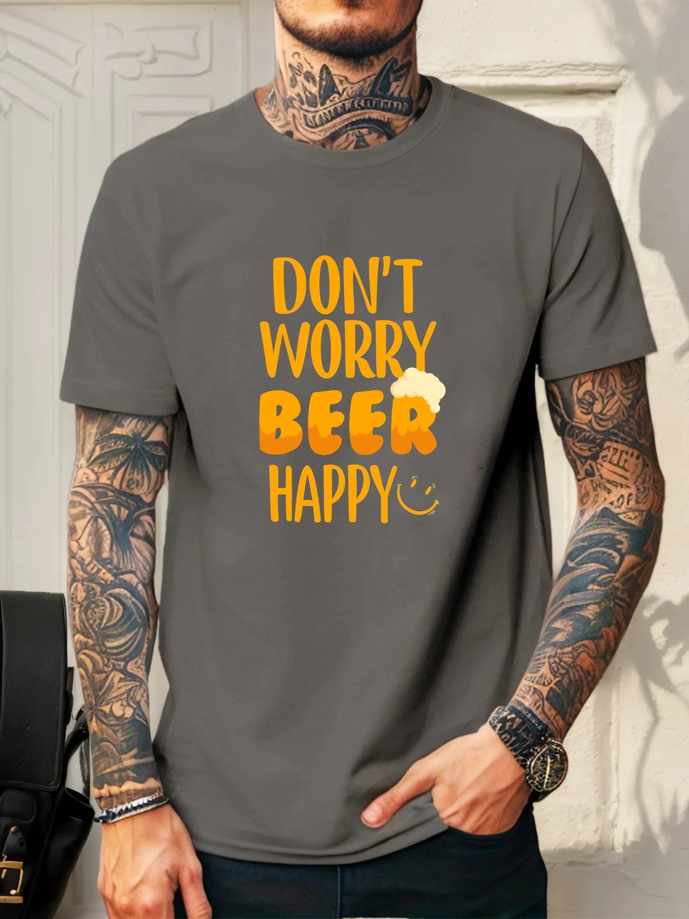 Don't Worry Beer Happy Beer Foam Smile Print Black Cotton Oversized Men Casual Beer Lover T-Shirt