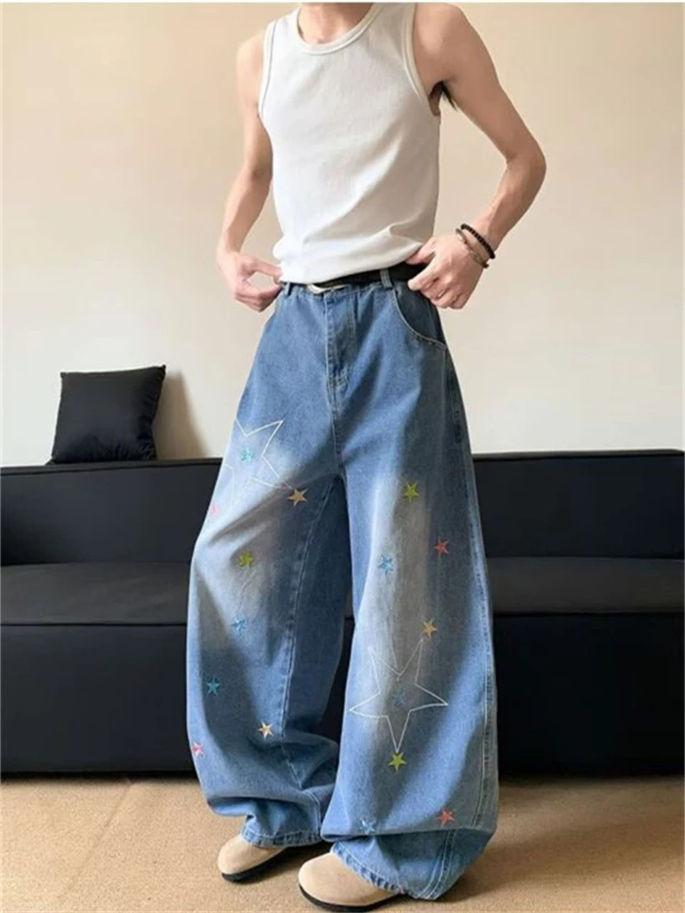 

Women's Star Pattern Embroidery Denim Pants High Waisted Street Jeans Cool Girl Style Casual Bottoms Female Wide Legs Trousers