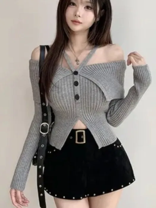 

Sexy oulder-baring ort Knitted Sweater for Women Spring 2026 Trendy Slim-fit Neline Design Faionable for Young Girls
