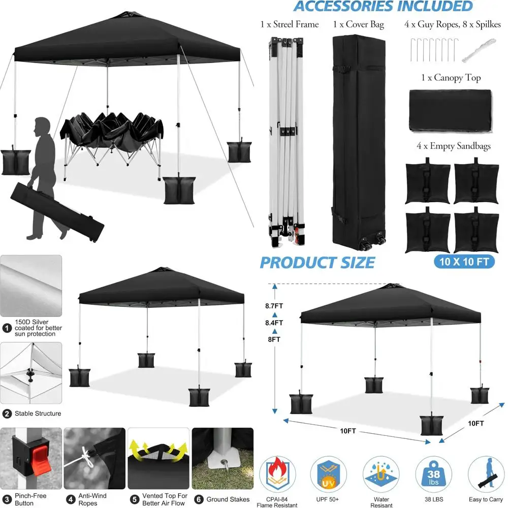 

Instant Pop Up Canopy Tent with One-Button Setup, 10x10 Adjustable Height Gazebo, Portable Shelter, Includes 4 Weight Bags for O